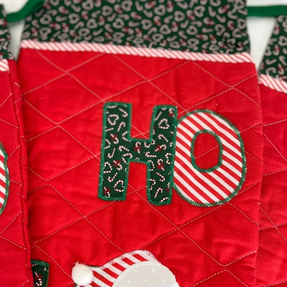 3 Large Ho Ho Ho Christmas Stocking Quilted Applique Santa Red Vintage‎ U.S.A